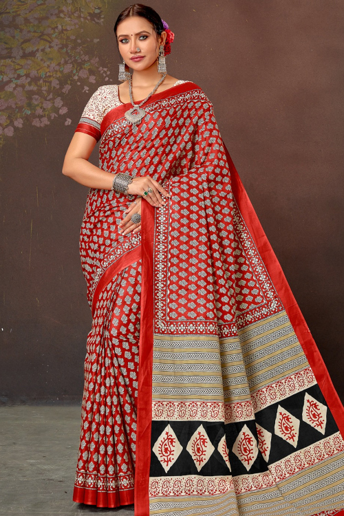 Brick Red Cotton Printed Casual Wear Saree 
