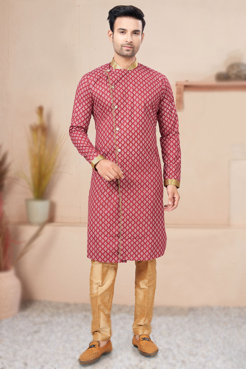Brick Red Cotton Printed Indo-Western Men's Sherwani 