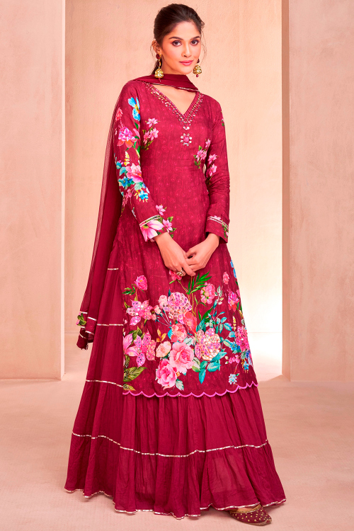 Brick Red Cotton Printed Ready to Wear Lehenga With Long Choli