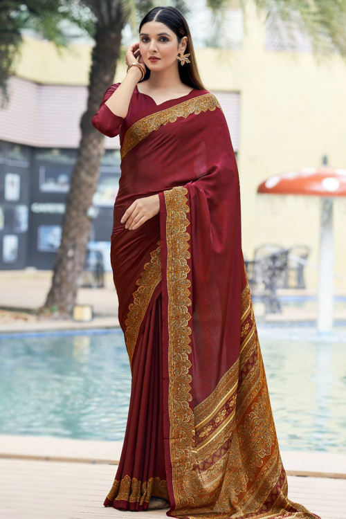 Brick Red Crepe Printed Casual Wear Saree 
