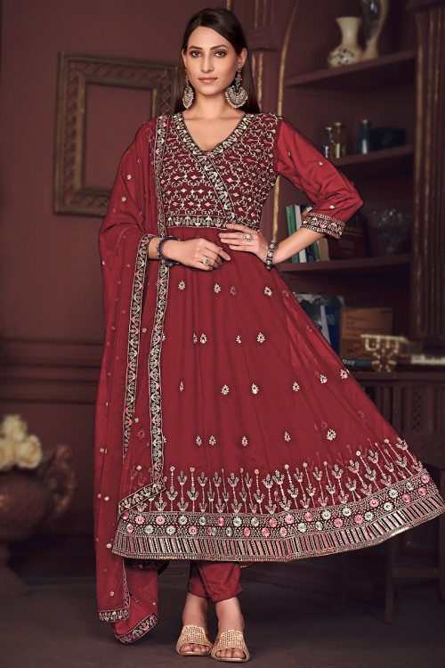 Brick Red Georgette Embroidered Angrakha Style Anarkali Suit