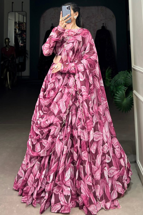 Brick Red Georgette Printed Flared Lehenga