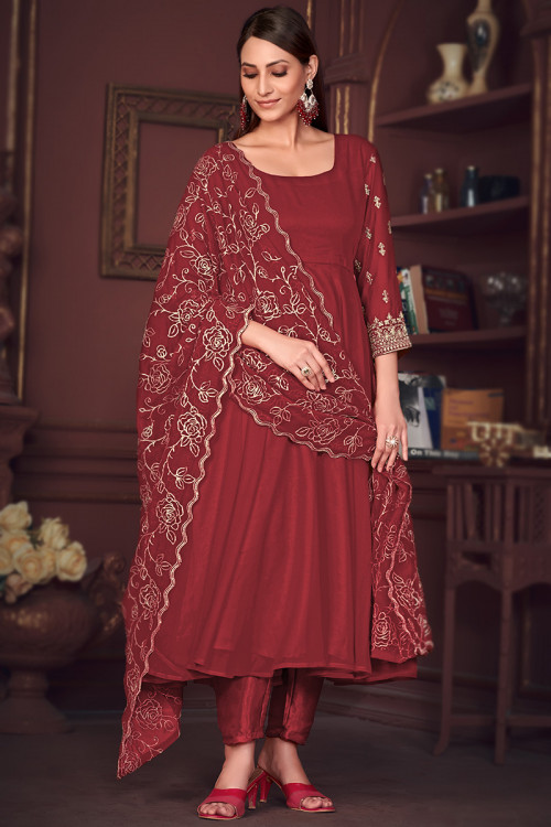 Brick Red Georgette Zari Embroidered Sangeet Anarkali Suit