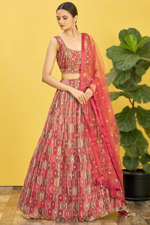 Brick Red Organza Embroidered Lehenga With Print 