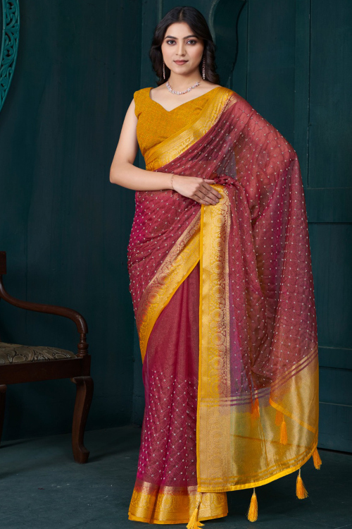 Brick Red Organza Saree with Zari Work for Diwali