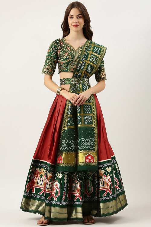 Brick Red Patola Printed Silk Pleated Lehenga