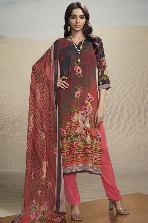 Brick Red Printed Crepe Straight Cut Trouser Suit 