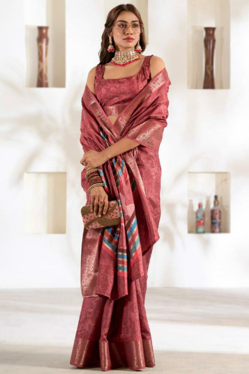 Brick Red Printed Silk Lightweight Saree For Sangeet 