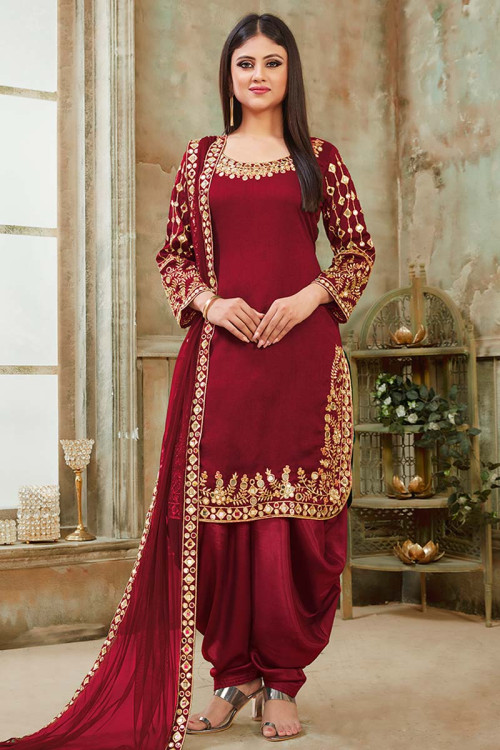 Brick Red Raw Silk Patiala Suit With Mirror Work