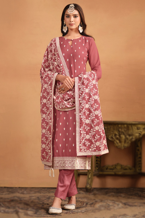 Brick Red Resham Embroidered Georgette Trouser Suit
