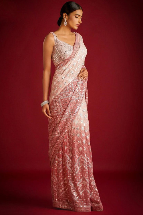 Brick Red Sequins Embroidered Omber Georgette Saree 