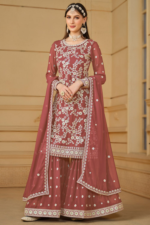 Brick Red Sequins Embroidered Straight Cut Garara Suit 