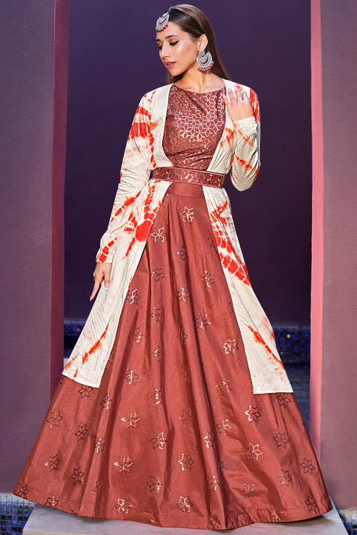 Brick Red Silk Blend Embroidered Flared Style Lehenga