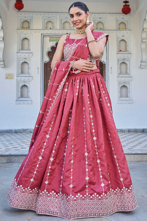 Brick Red Silk Blend Lehenga With Zari Work For Diwali