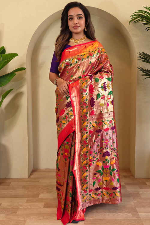 Brick Red Silk Blend Weaved Paithani Saree