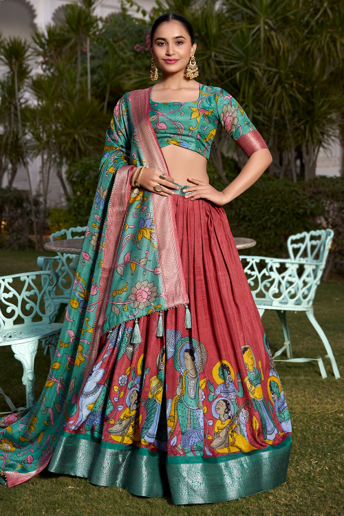Brick Red Silk Printed A Line Lehenga 