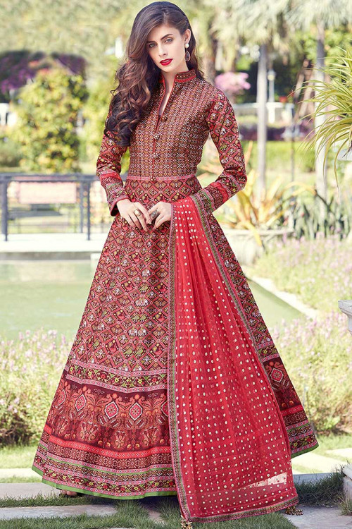 Brick Red Poly Silk Printed Anarkali Suit