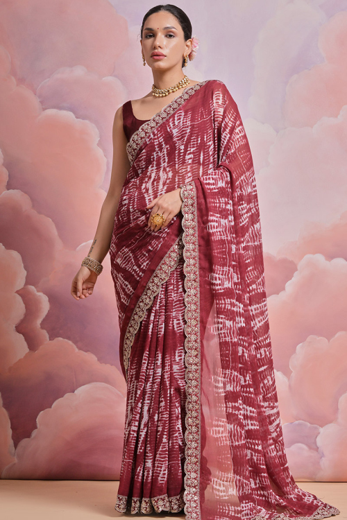 Brick Red Tie And Dye Printed Georgette Saree