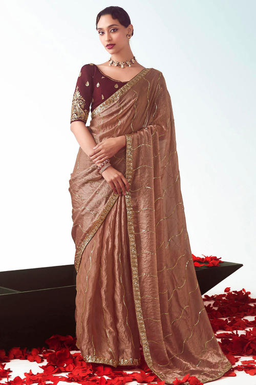 Brick Red Tissue Silk Saree With Sequins Work For Festival