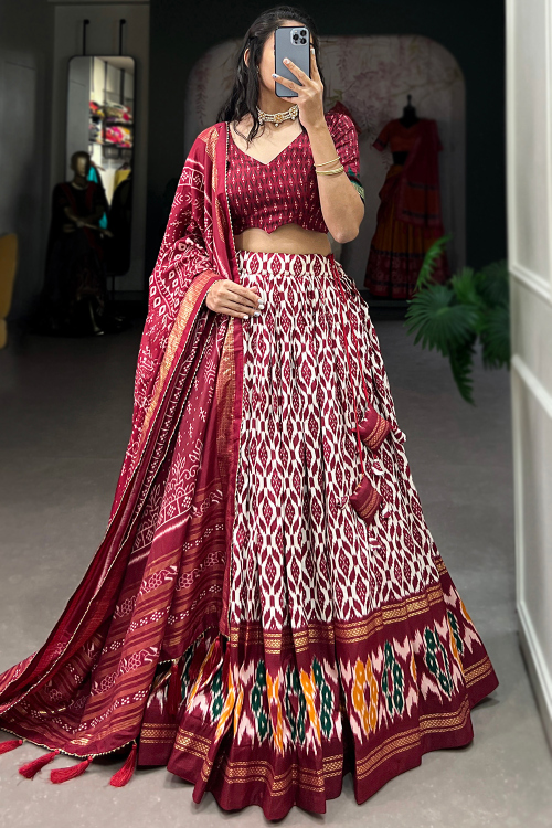 Brick Red Tussar Silk Lehenga With Printed Work For Diwali