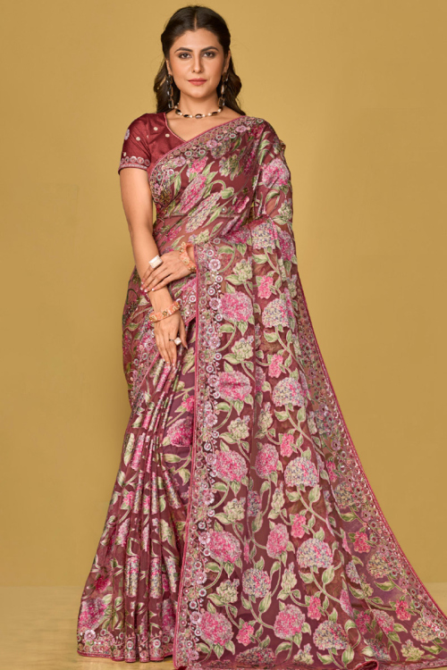 Brick Red Weaved Thread Lightweight Brasso Saree 