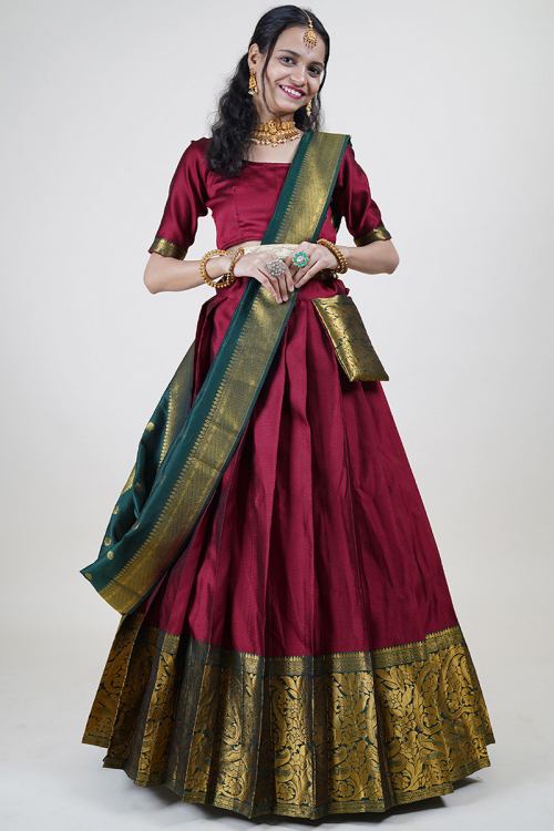 Brick Red Weaved Zari Silk South Indian Style Lehenga 