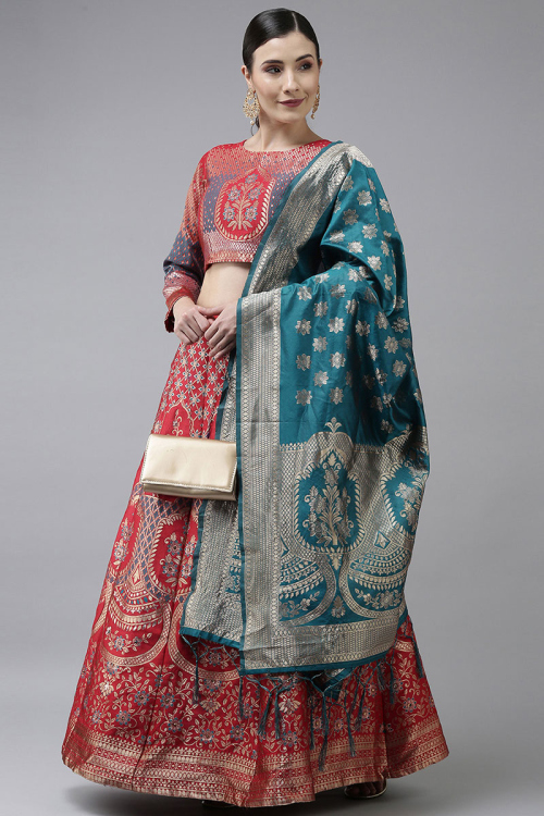 Brick Red Wedding Wear Woven Zari Lehenga in Banarasi Silk