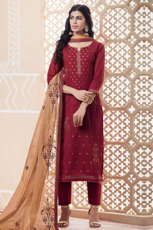 Buy Brick Red Zari Embroidered Cotton Straight Pant Suit Online ...