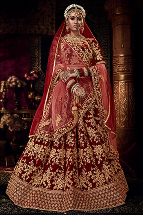 Cream and maroon bridal lehenga online