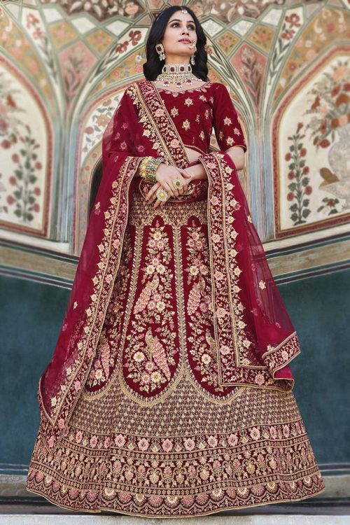 Bridal Wear Maroon Velvet Embroidered Lehenga Choli 