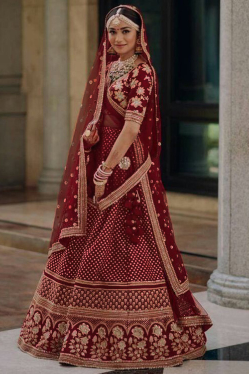 Maroon Velvet Bridal Lehenga with Dual Dupatta Detailing