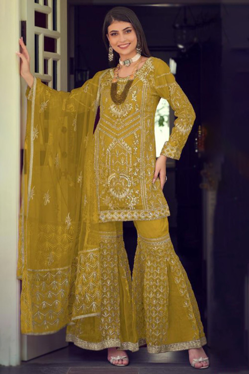 Yellow gotta patti sharara with dupatta by Indy Weaves | The Secret Label