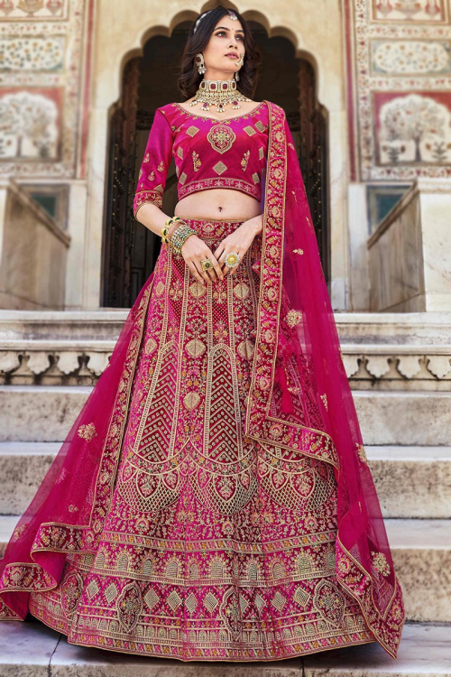 Bridal Wear Ruby Pink Velvet Embroidered Lehenga Choli 