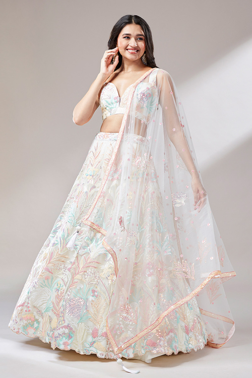 Bridesmaid Wear Embroidered White Net Lehenga