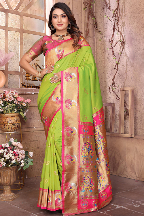 Bright Green Art Silk Paithani Saree with Woven