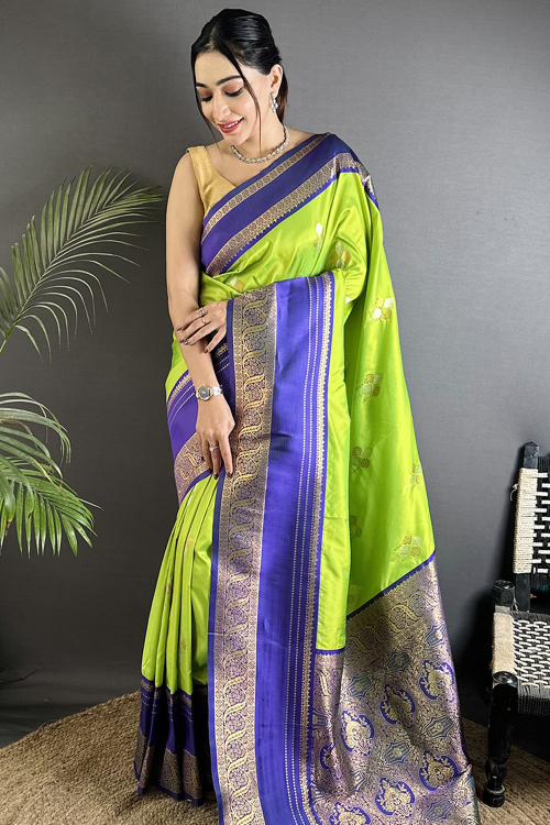 Bright Green Art Silk Weaved Broad Border Saree 