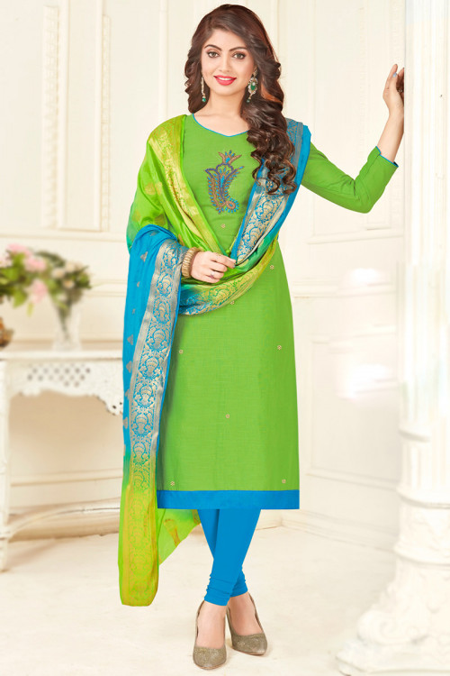 Bright Green Cotton Embroidered Casual Wear Churidar Suit