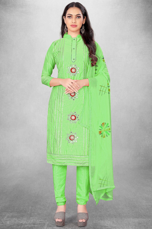 Cotton Churidar Suit in Bright Green for Casual Wear