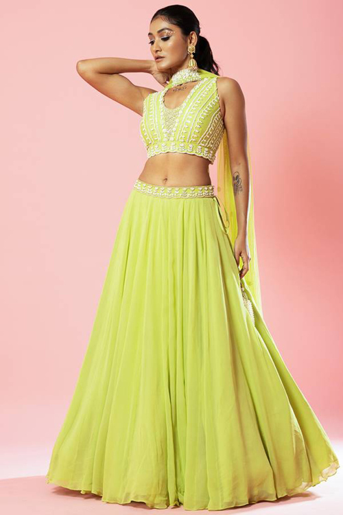 Bright Green Georgette Lehenga with Beads & Sequins Work For Mehendi