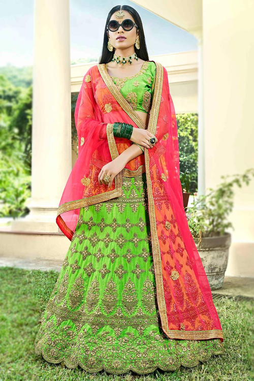 Bright Green Silk Embroidered Lehenga