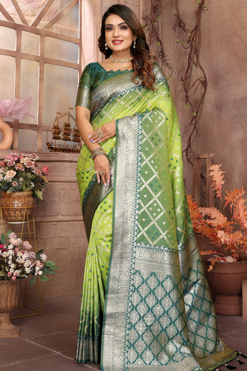 Bright Green Soft Silk Saree With Weaved Work For Mehndi