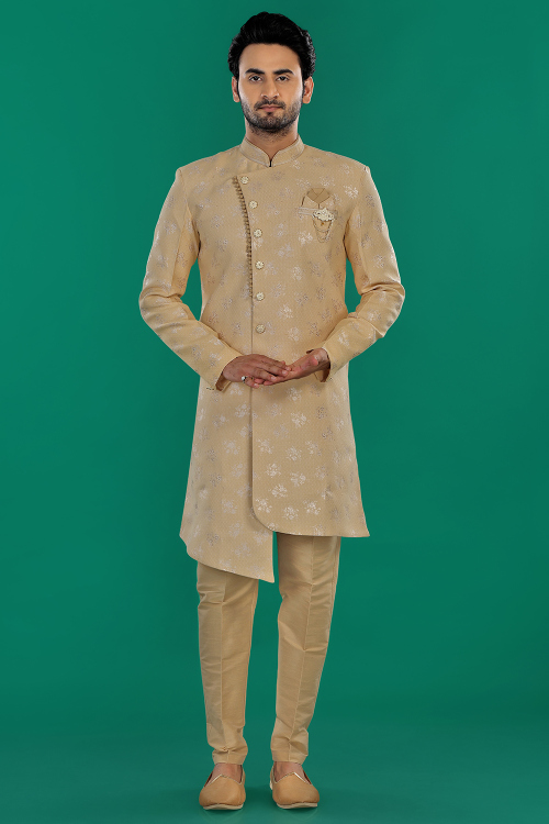 Brocade Dark Beige Woven Zari Asymmetrical Men's Sherwani