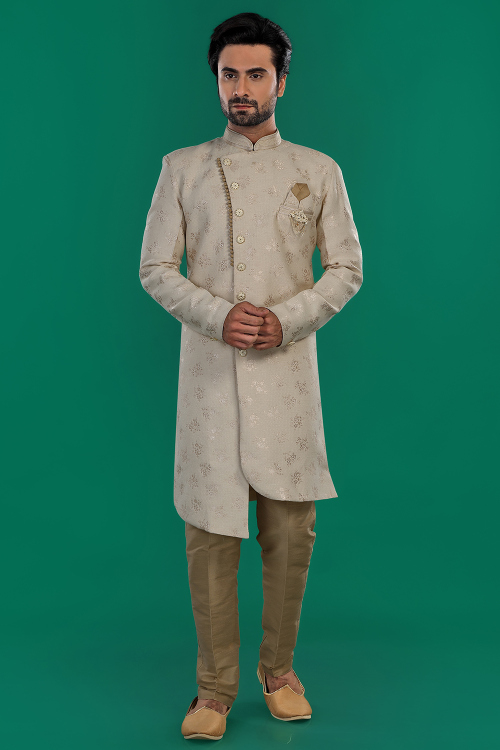 Brocade Oat Beige Woven Zari Asymmetrical Men's Sherwani