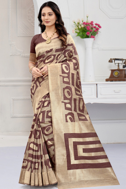 Brown Art Silk Woven Zari Light Weight Saree