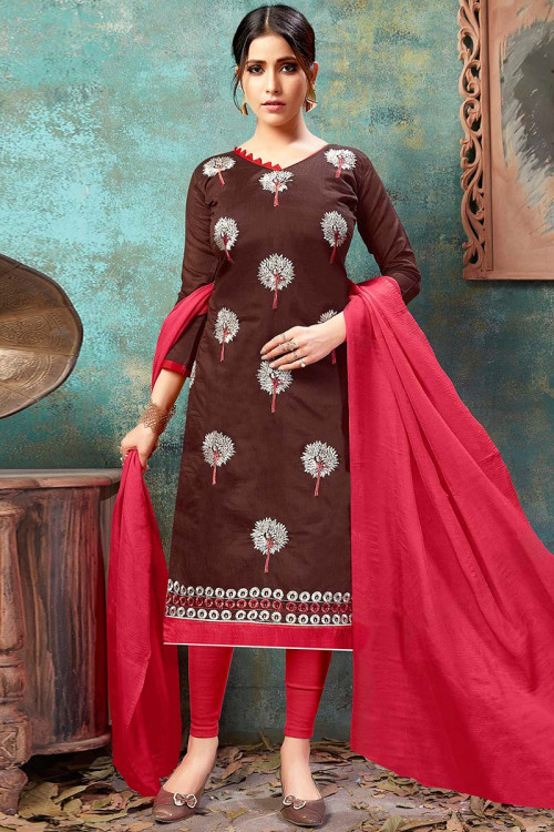 Brown Chanderi Cotton Embroidered Churidar Suit