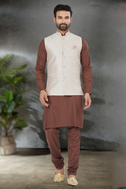 Brown Cotton Plain Jacket Style Men's Kurta Churidar
