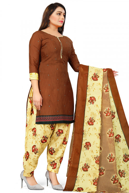 Brown Cotton Printed Casual Wear Patiala Suit 