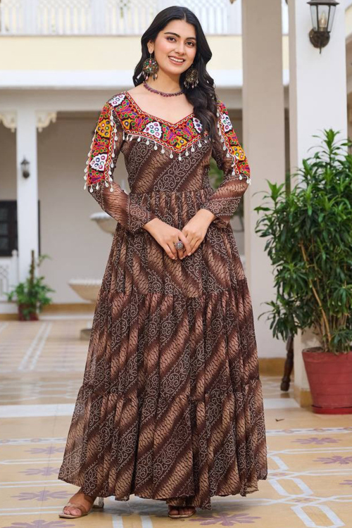 Brown Georgette Bandhej Printed Gown For Navratri