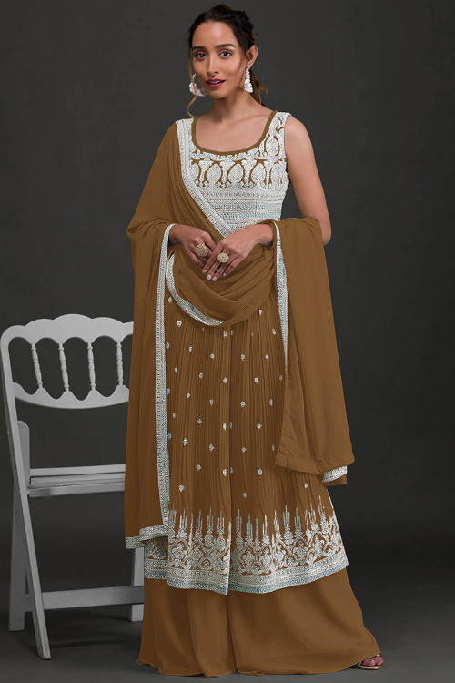 Brown Georgette Embroidered Palazzo Suit