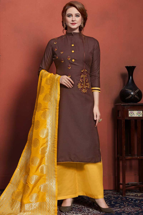 Brown Khadi Cotton Palazzo Suit With Resham Work
